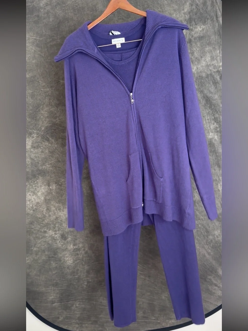 Susan Graver Purple 3 Piece Knit Sweater Pants Set XL Fits 1X